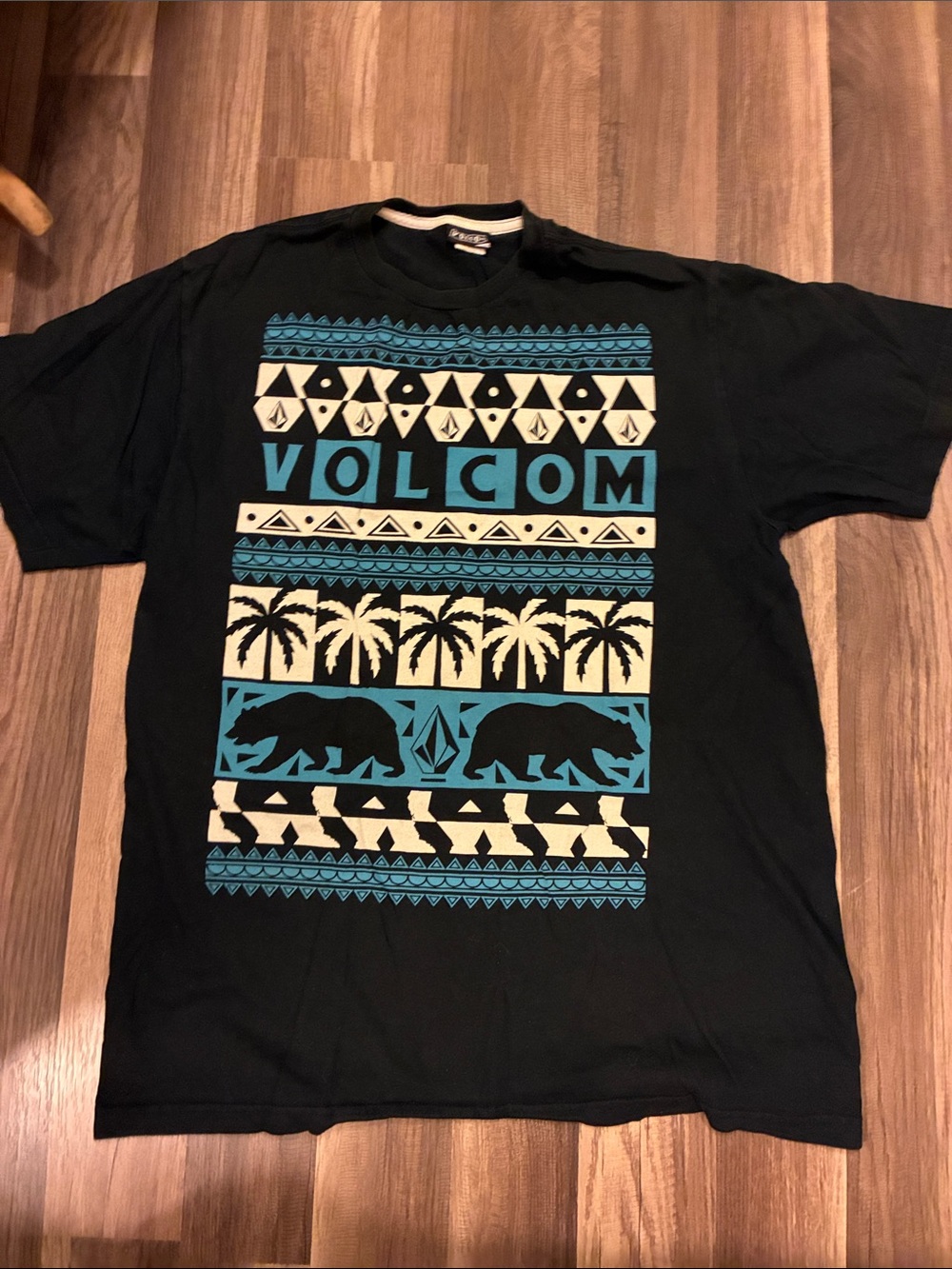 Volcom Black Tee with Teal and White Tribal Graphic- 100% Cotton